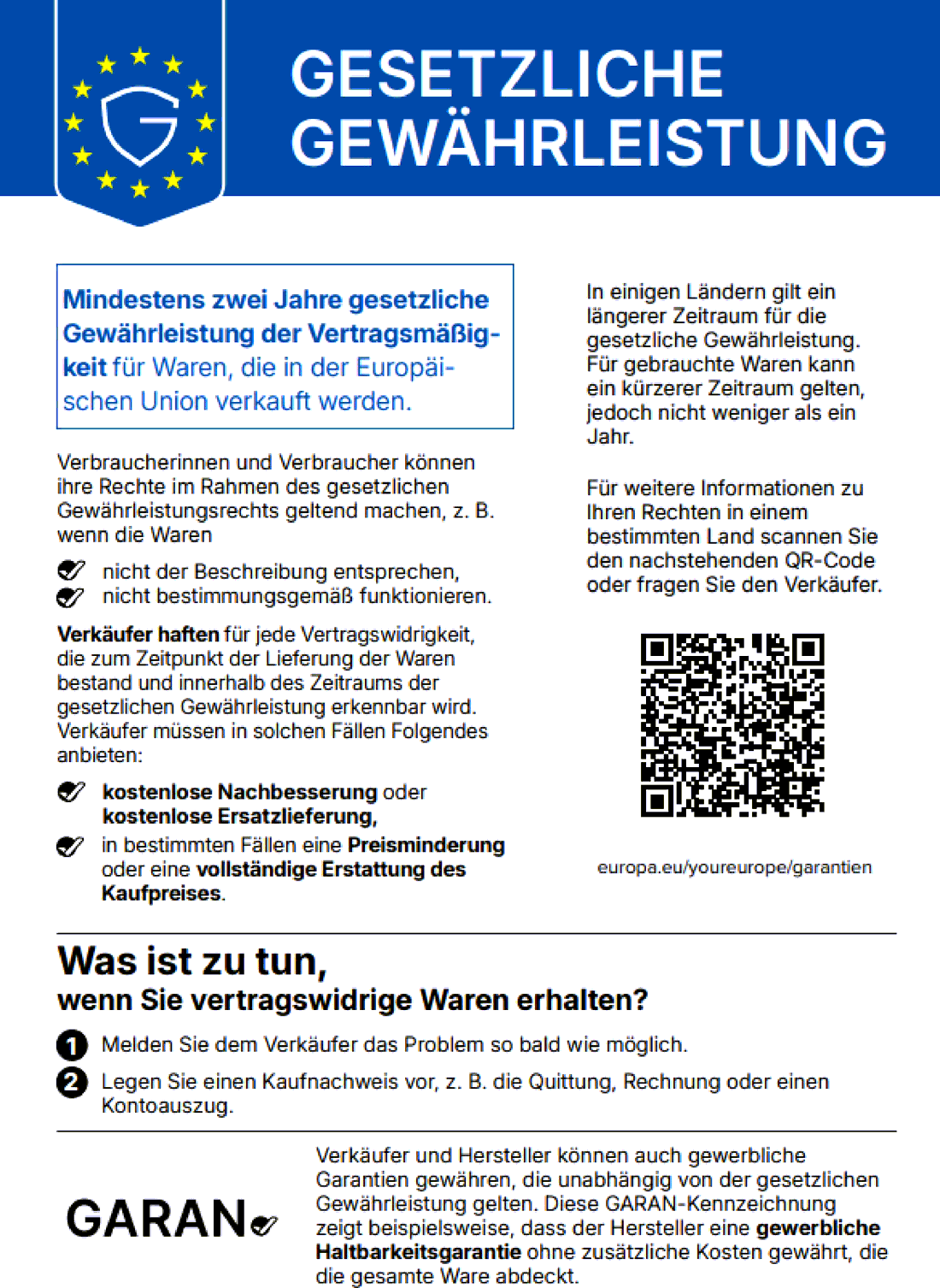 Gesetzliche Gewährleistung — mindestens zwei Jahre (EU)